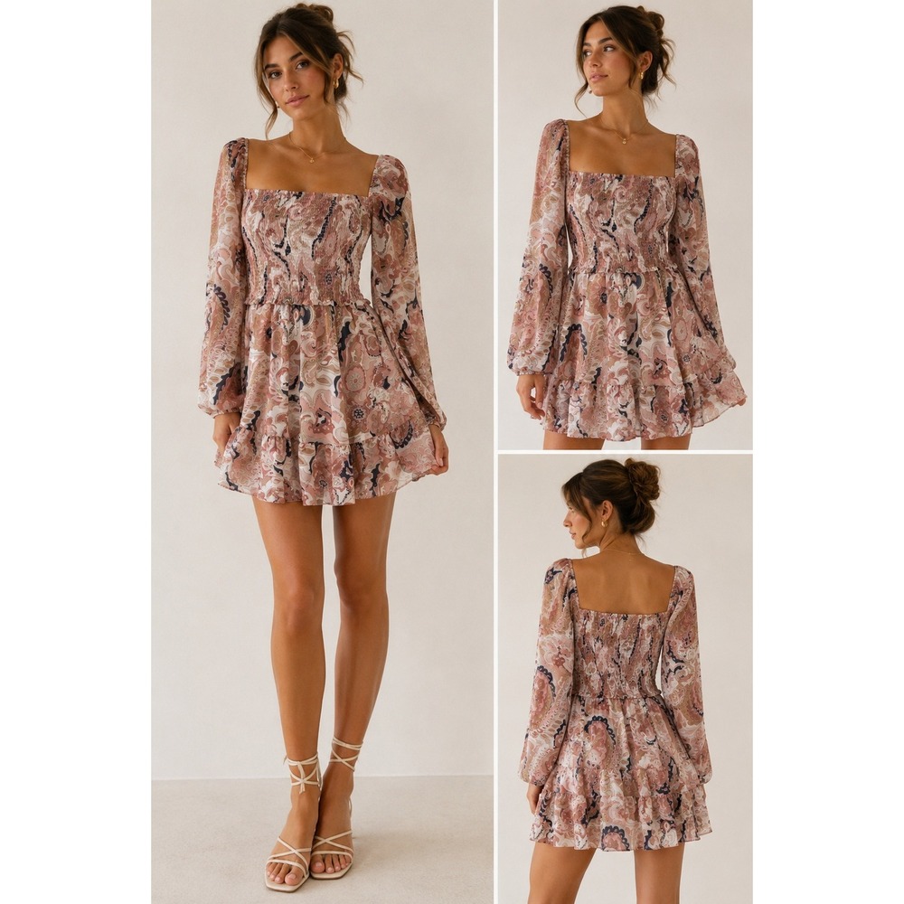 Wilfred Paisley Mini Dress Women Small Boho Cottagecore Smocked Ruffle 99830